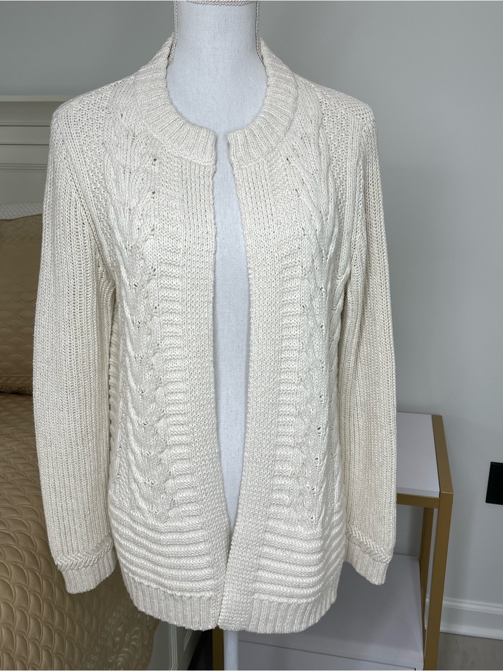 Talbots Cream With Silver Metallic Threads Cable Knit Open-Front Cardigan
